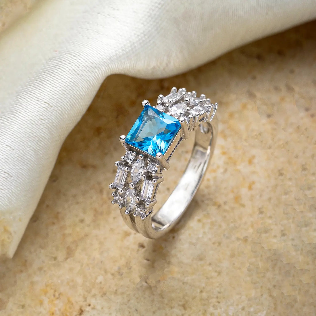 Blue Princess-Cut Stone Silver Ring - Made With Pure 925 Silver