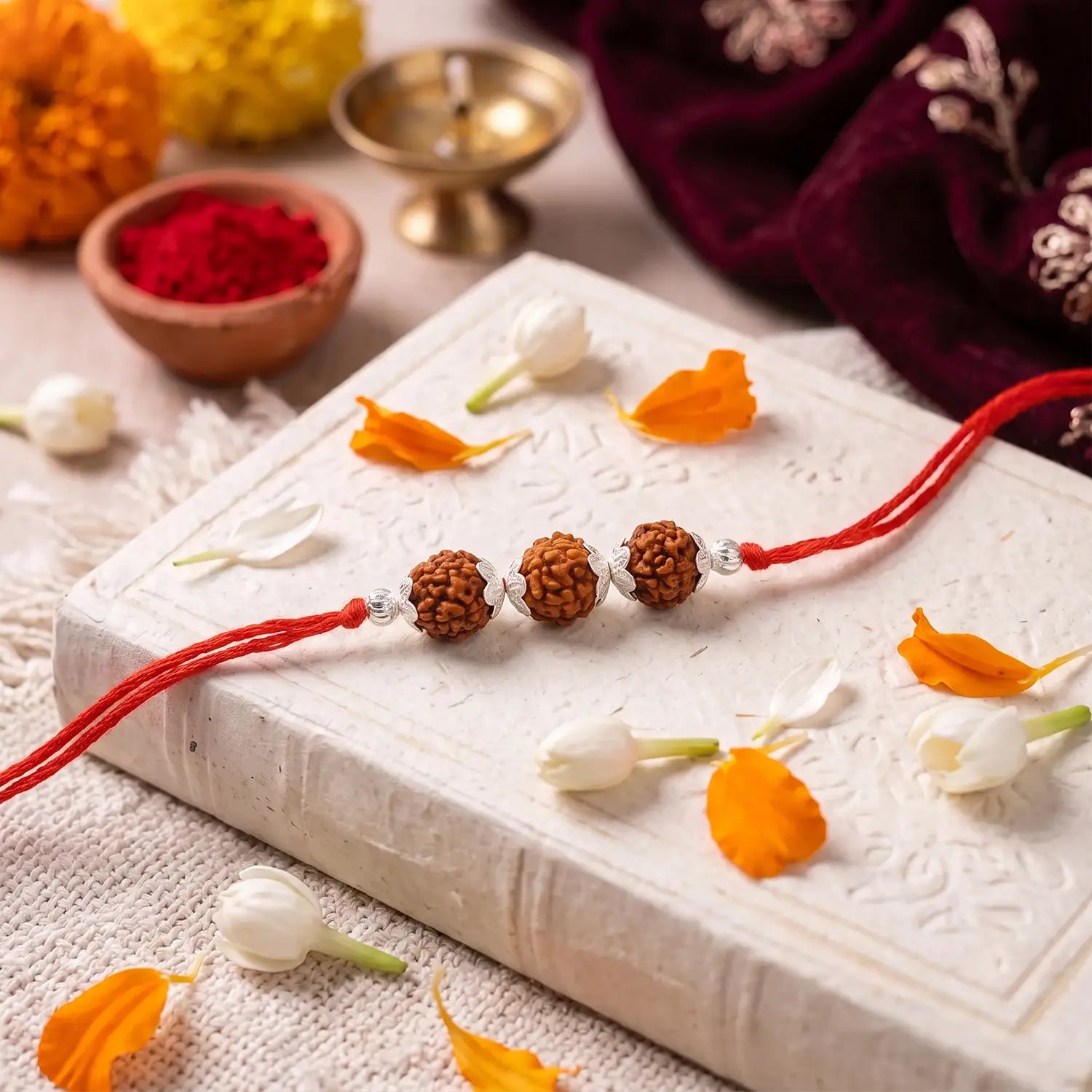 Divine Trishakti Rudraksha Silver Rakhi - Made With Pure 925 Silver