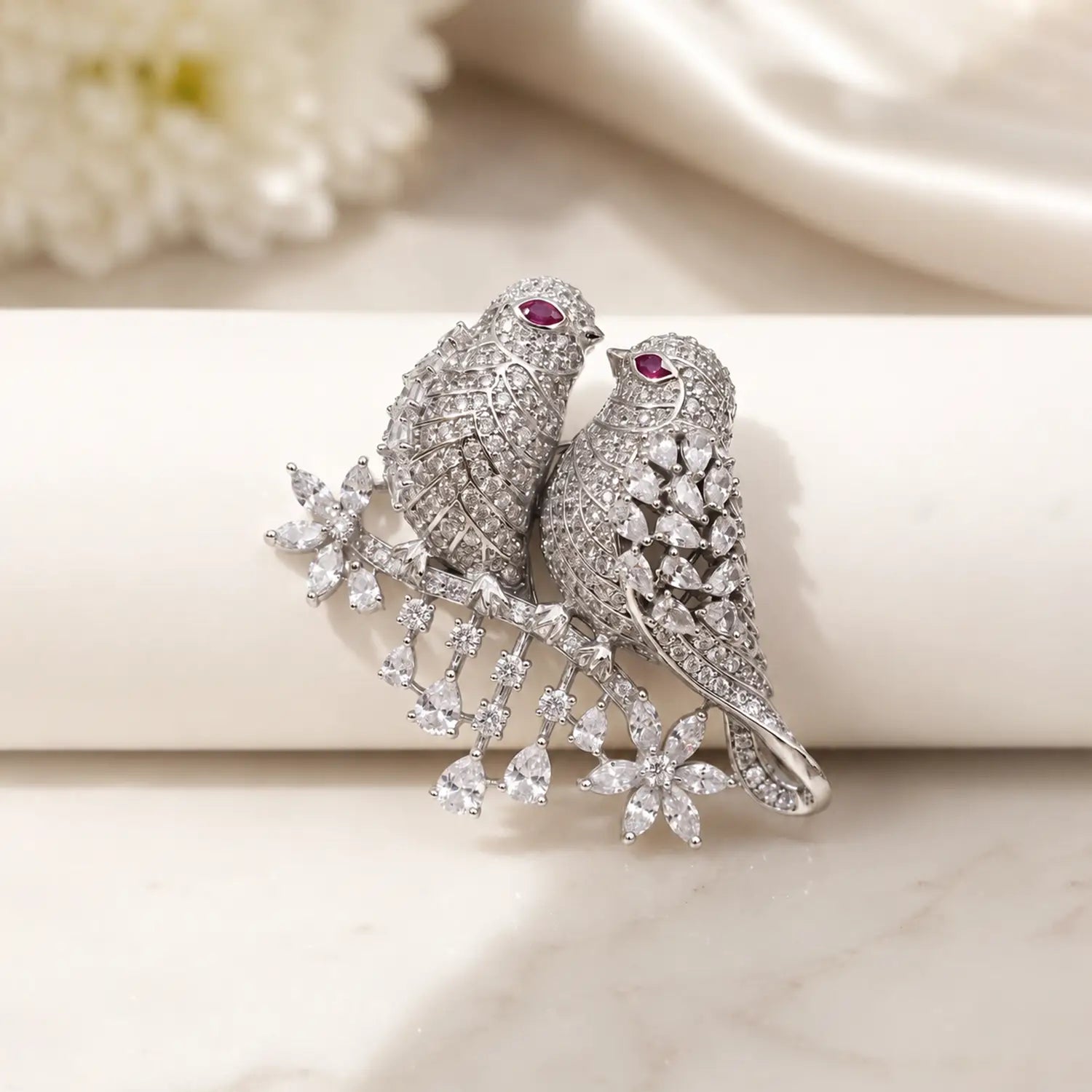 Elegant Love Birds Crystal Brooch - Made With Pure 925 Silver