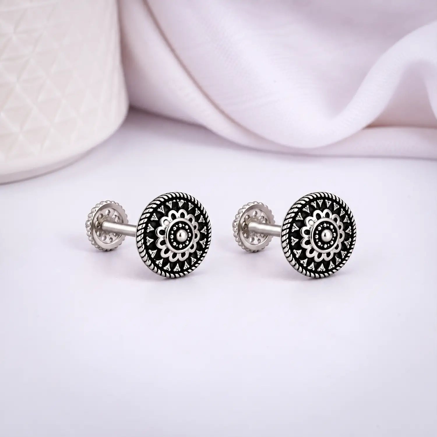 Heritage Mandala Oxidised Silver Stud Earrings - Made With Pure 925 Silver