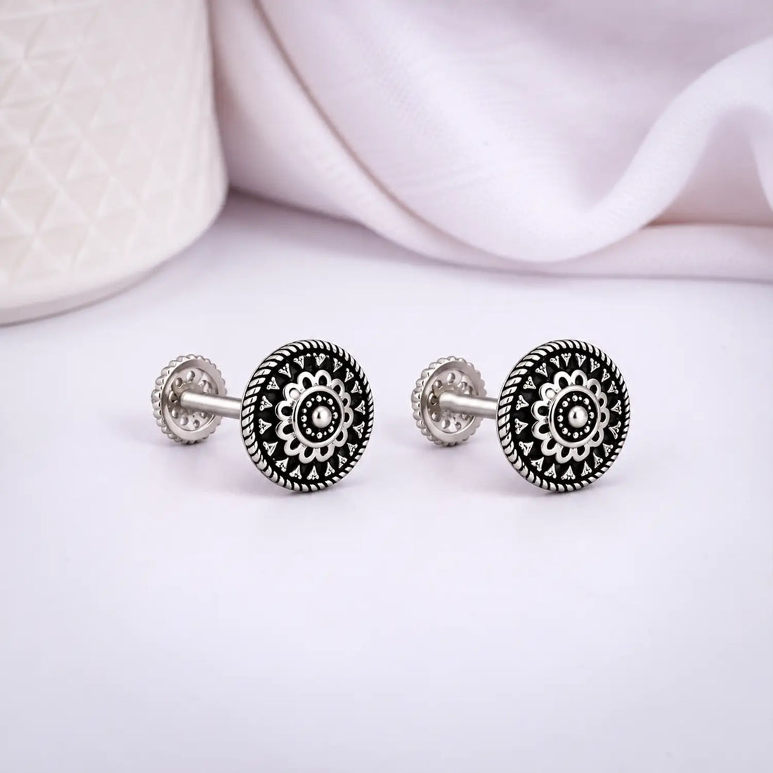 Heritage Mandala Oxidised Silver Stud Earrings - Made With Pure 925 Silver