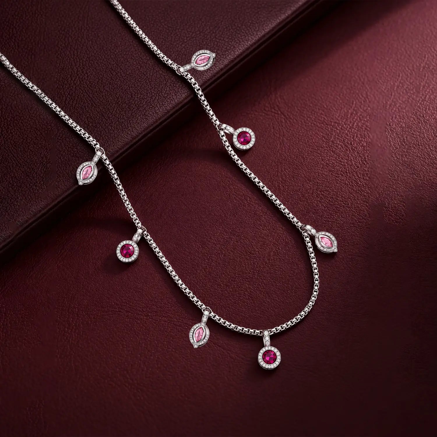Pink & Ruby Drop Charm Silver Chain - Made With Pure 925 Silver