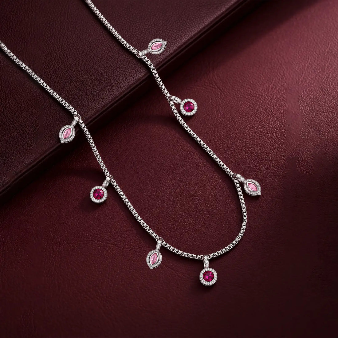 Pink & Ruby Drop Charm Silver Chain - Made With Pure 925 Silver