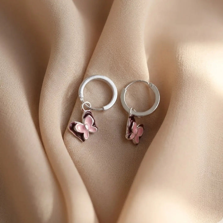Pink Butterfly Charm Silver Hoop Earrings - Made With Pure 925 Silver