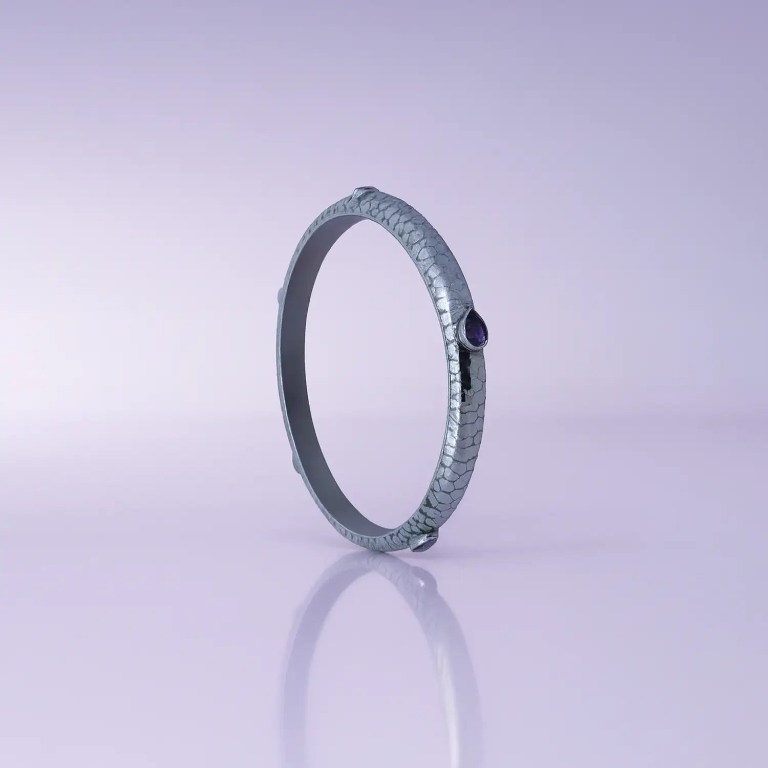 Textured Pure Silver Kada with  Purple Stones- Made With Pure 925 Silver