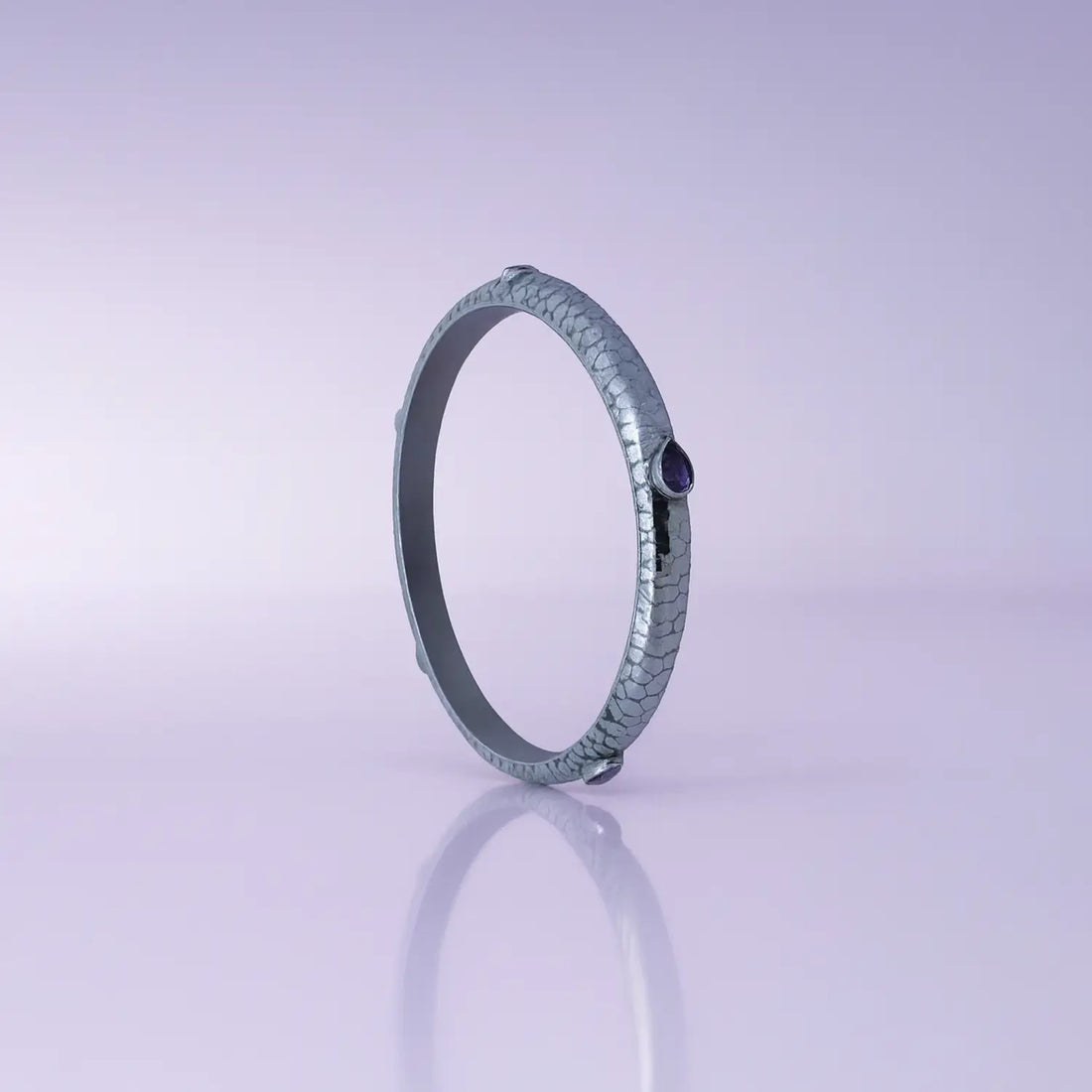 Textured Pure Silver Kada with  Purple Stones- Made With Pure 925 Silver