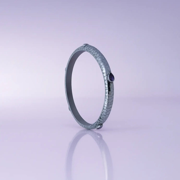 Textured Pure Silver Kada with  Purple Stones- Made With Pure 925 Silver