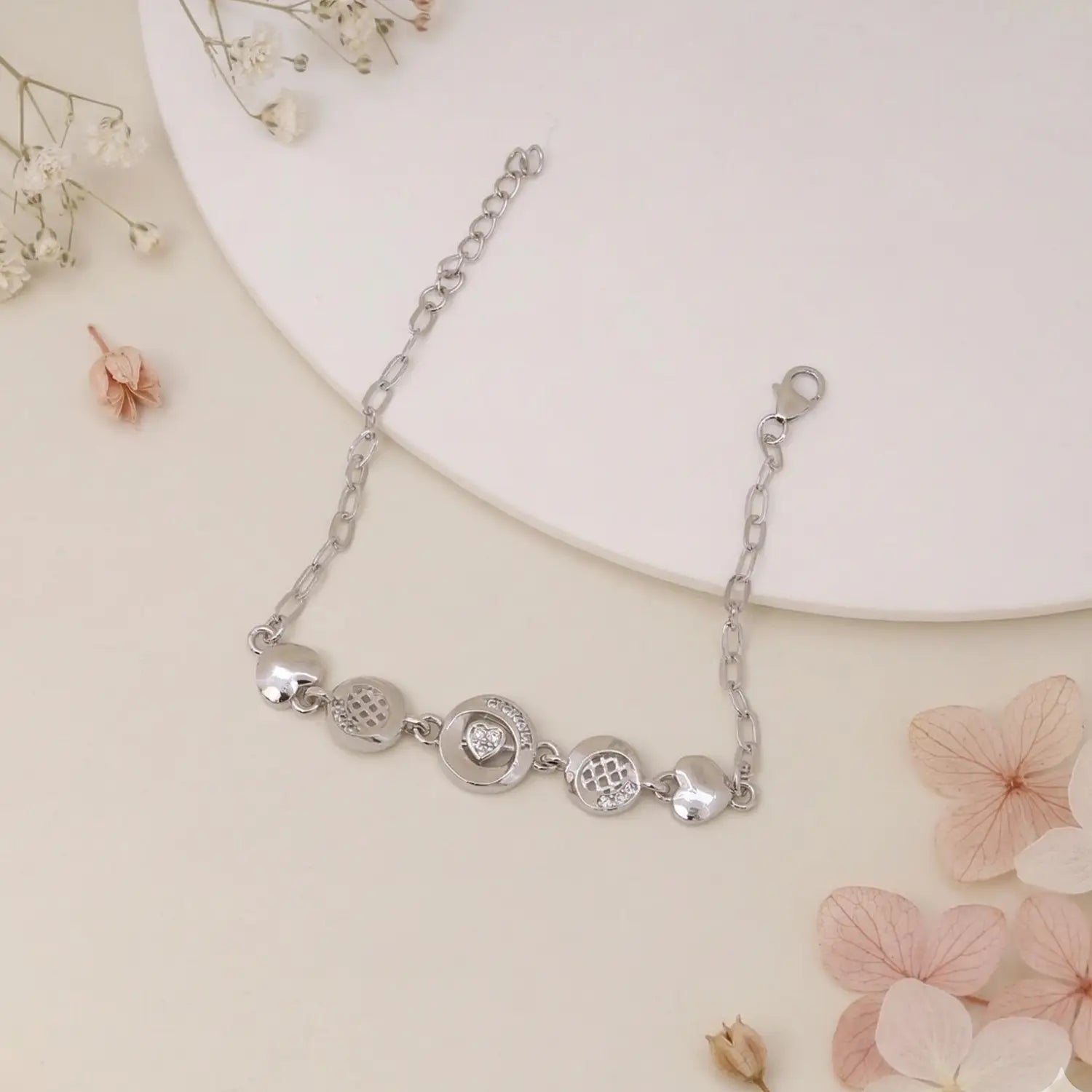 Elegant Heart Coin Charm Pure Silver Bracelet - Made With Pure 925 Silver