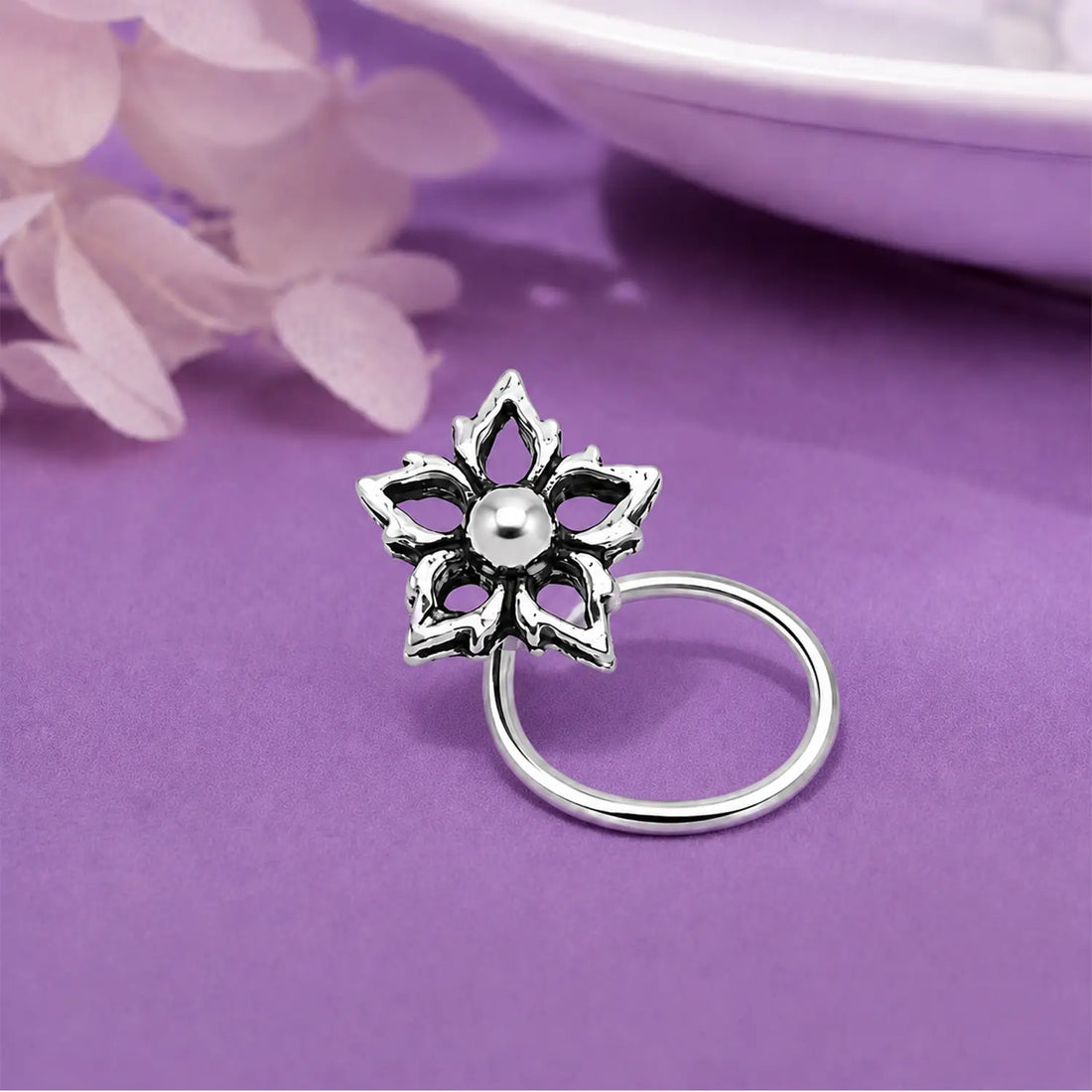 Oxidised Silver Floral Nose Pin- Made With Pure 925 Silver