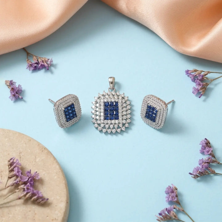 Luxury Pure Silver Blue CZ Square Pendant Set with Earrings - Made With Pure 925 Silver