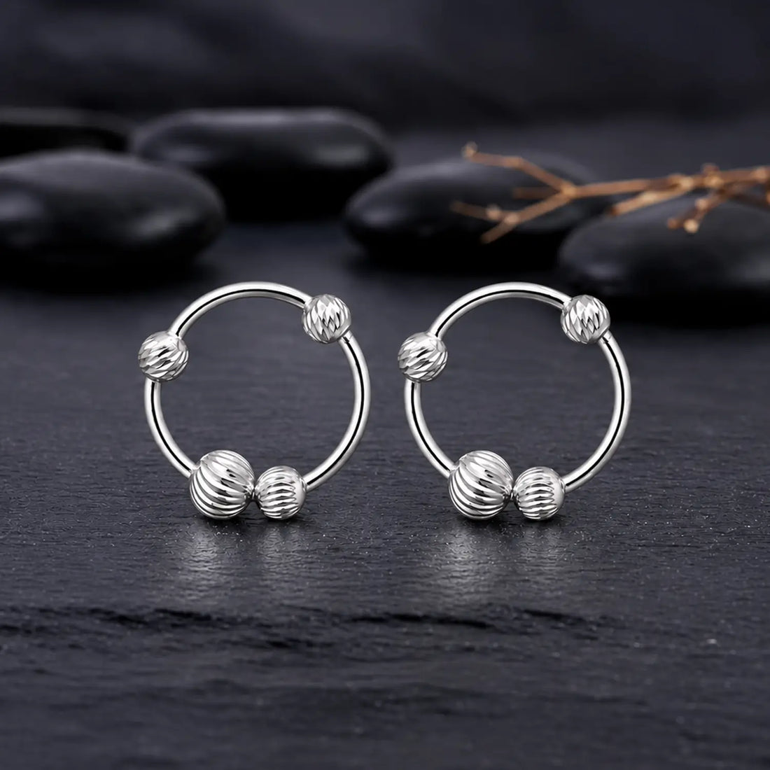 Textured Beaded Circle Hoop 925 Silver Earrings - Made With Pure 925 Silver