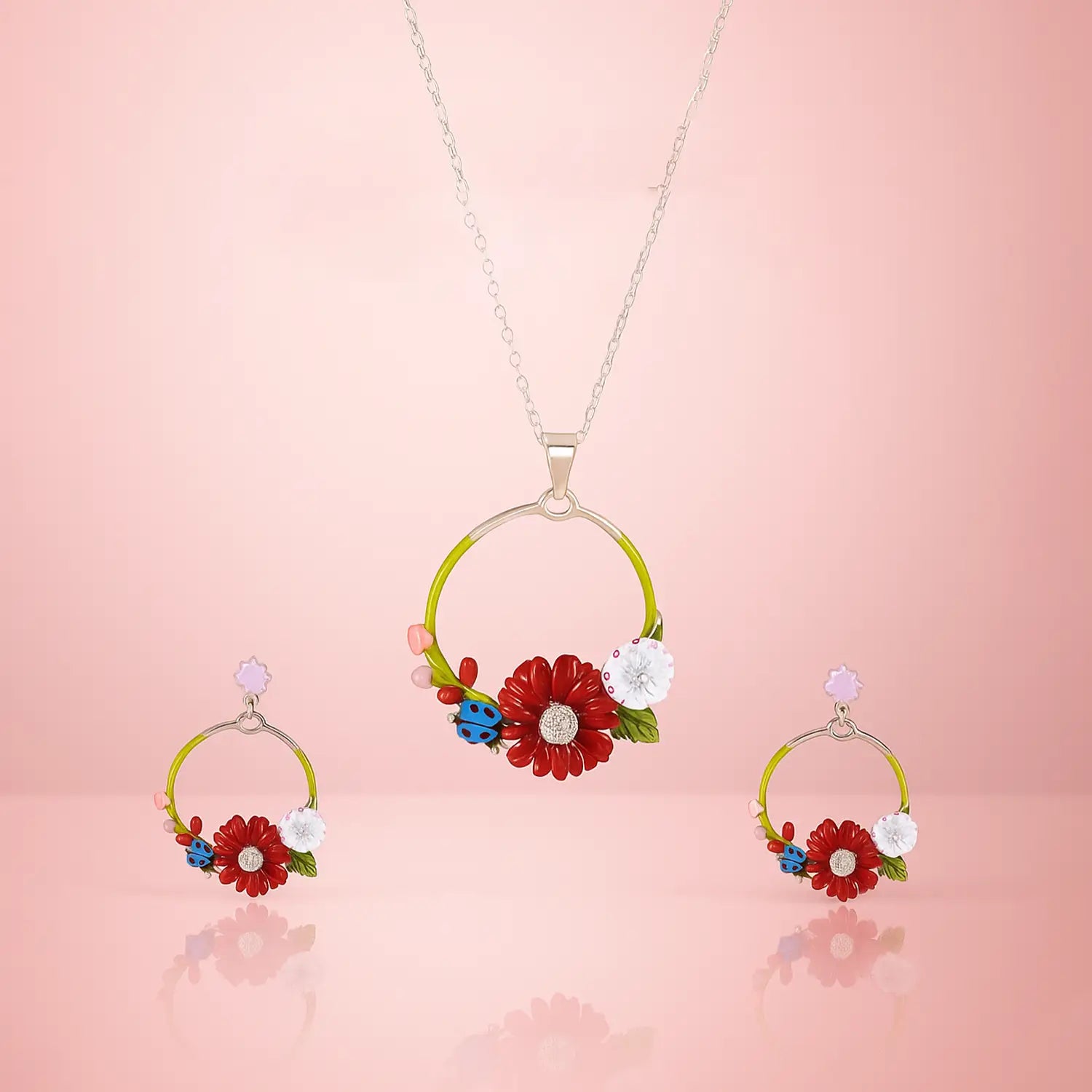 Floral Harmony Silver Necklace Set- Made With Pure 925 Silver