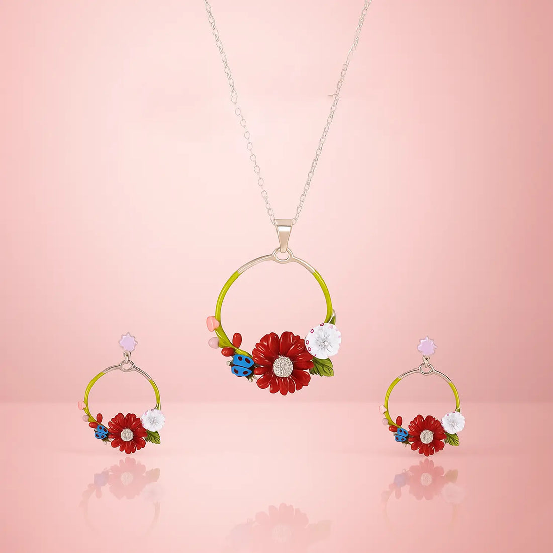 Floral Harmony Silver Necklace Set- Made With Pure 925 Silver