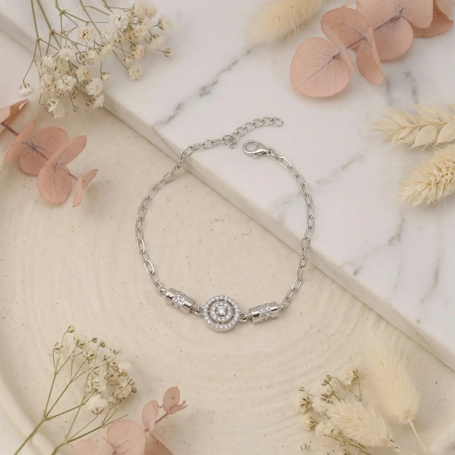 Elegant CZ Halo Charm Pure Silver Bracelet - Made With Pure 925 Silver