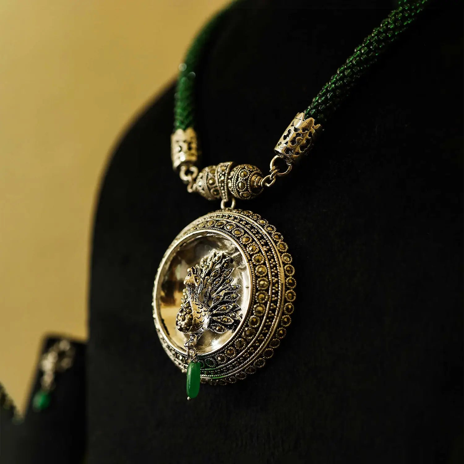 Antique Silver Peacock Necklace Set with Green Beaded Chain- Made With Pure 925 Silver