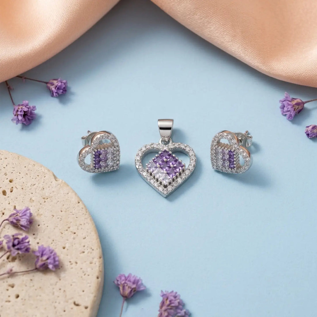 Luxury Pure Silver Purple CZ Heart Pendant Set with Earrings - Made With Pure 925 Silver