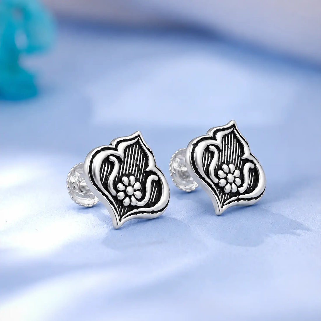 Royal Petal Oxidised Silver Stud Earrings - Made With Pure 925 Silver