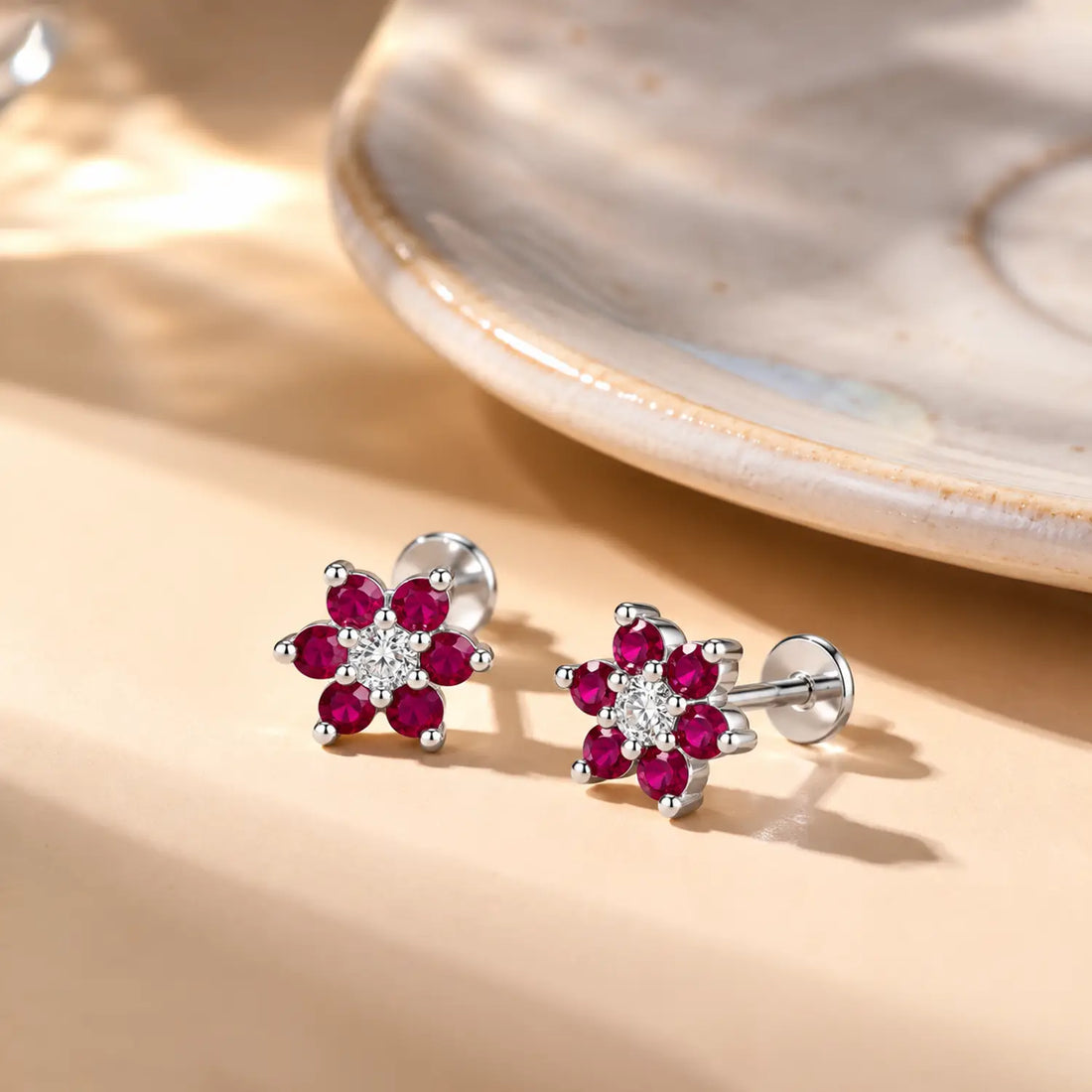 Black Floral Gemstone Silver Stud Earrings - Made With Pure 925 Silver