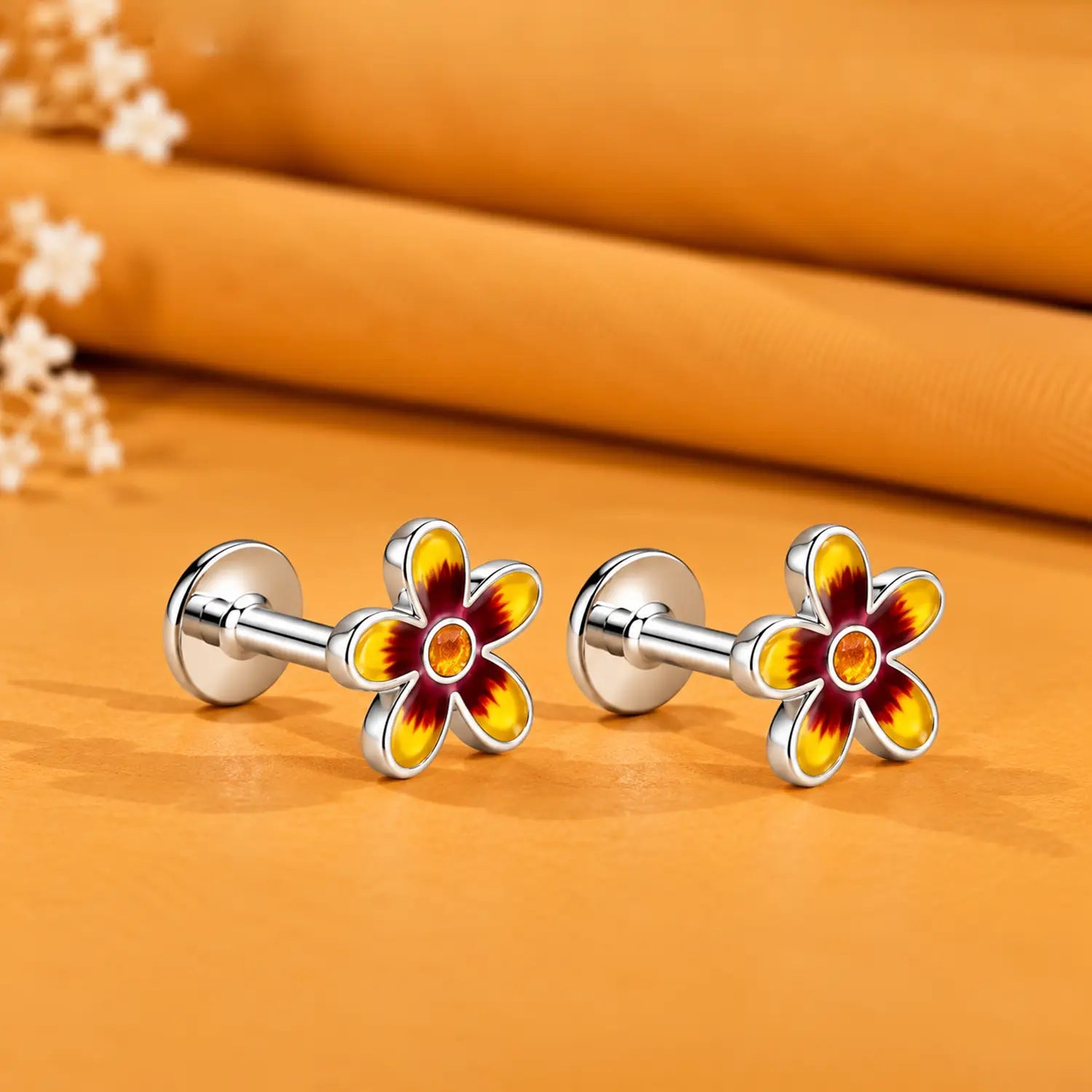 Purple Floral Enamel Silver Stud Earrings - Made With Pure 925 Silver