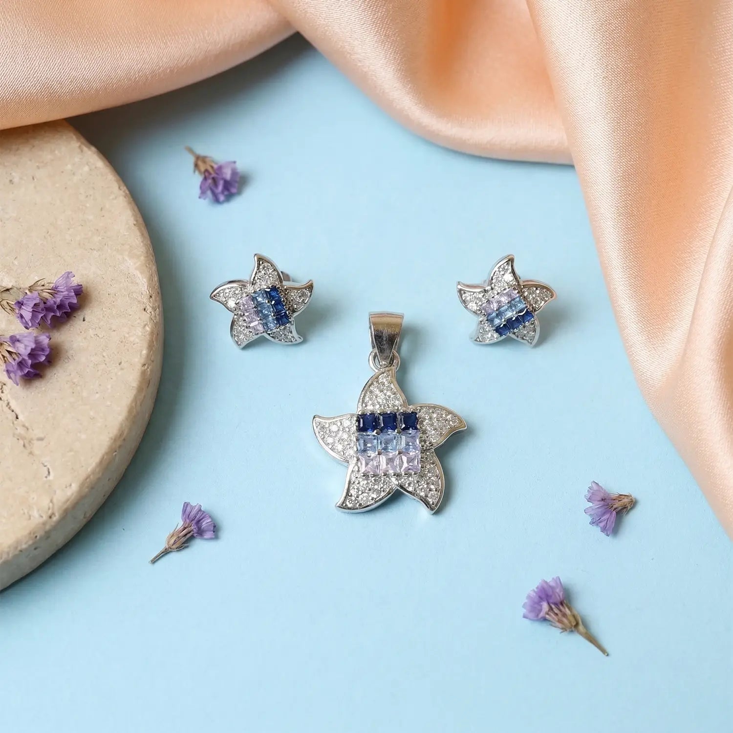 Sparkling Blue Floral 925 Silver Pendant Set - Made With Pure 925 Silver