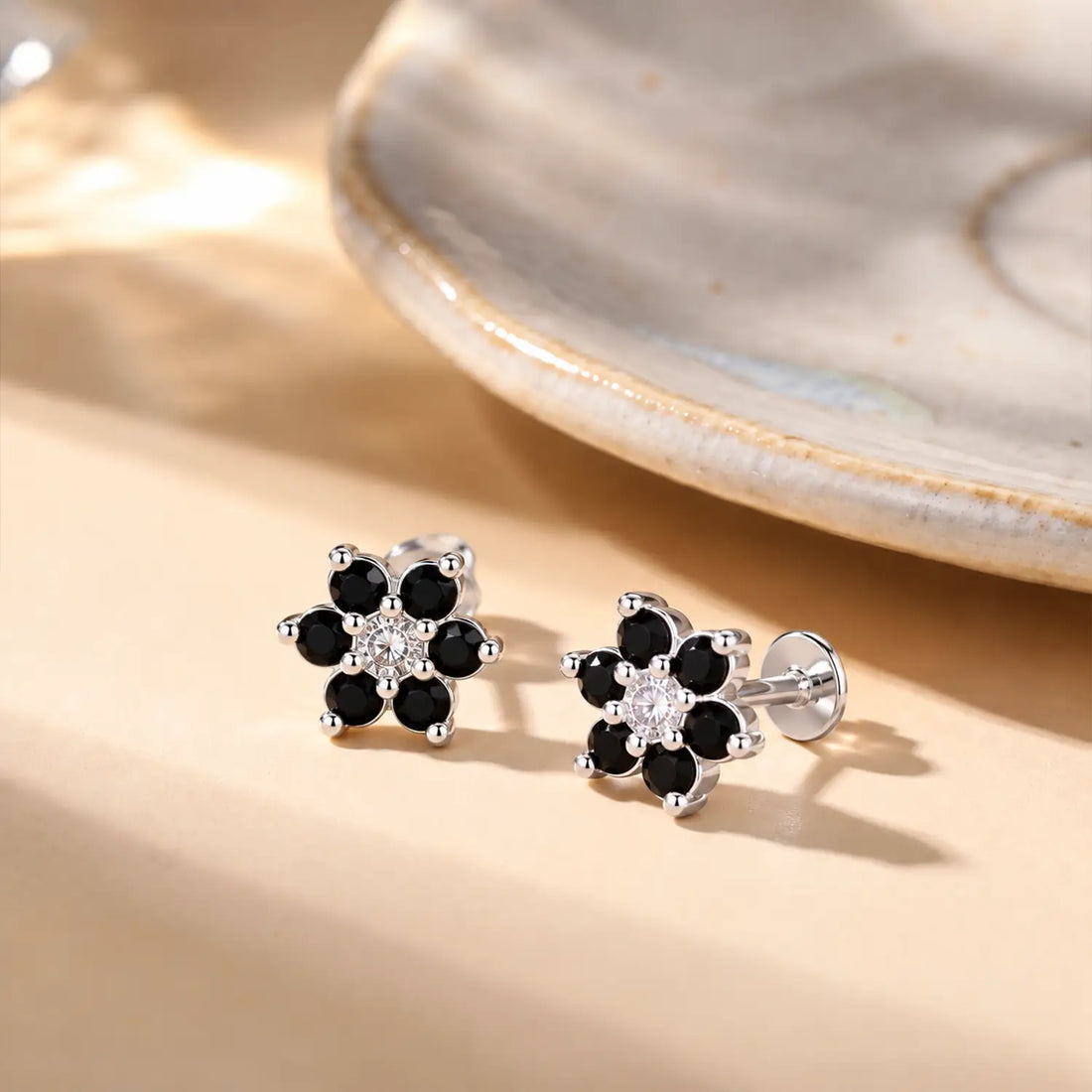 Black Floral Gemstone Silver Stud Earrings - Made With Pure 925 Silver