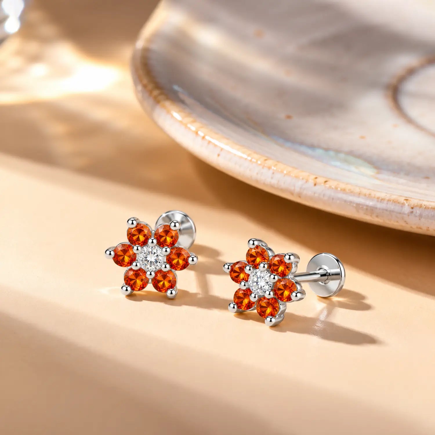 Black Floral Gemstone Silver Stud Earrings - Made With Pure 925 Silver