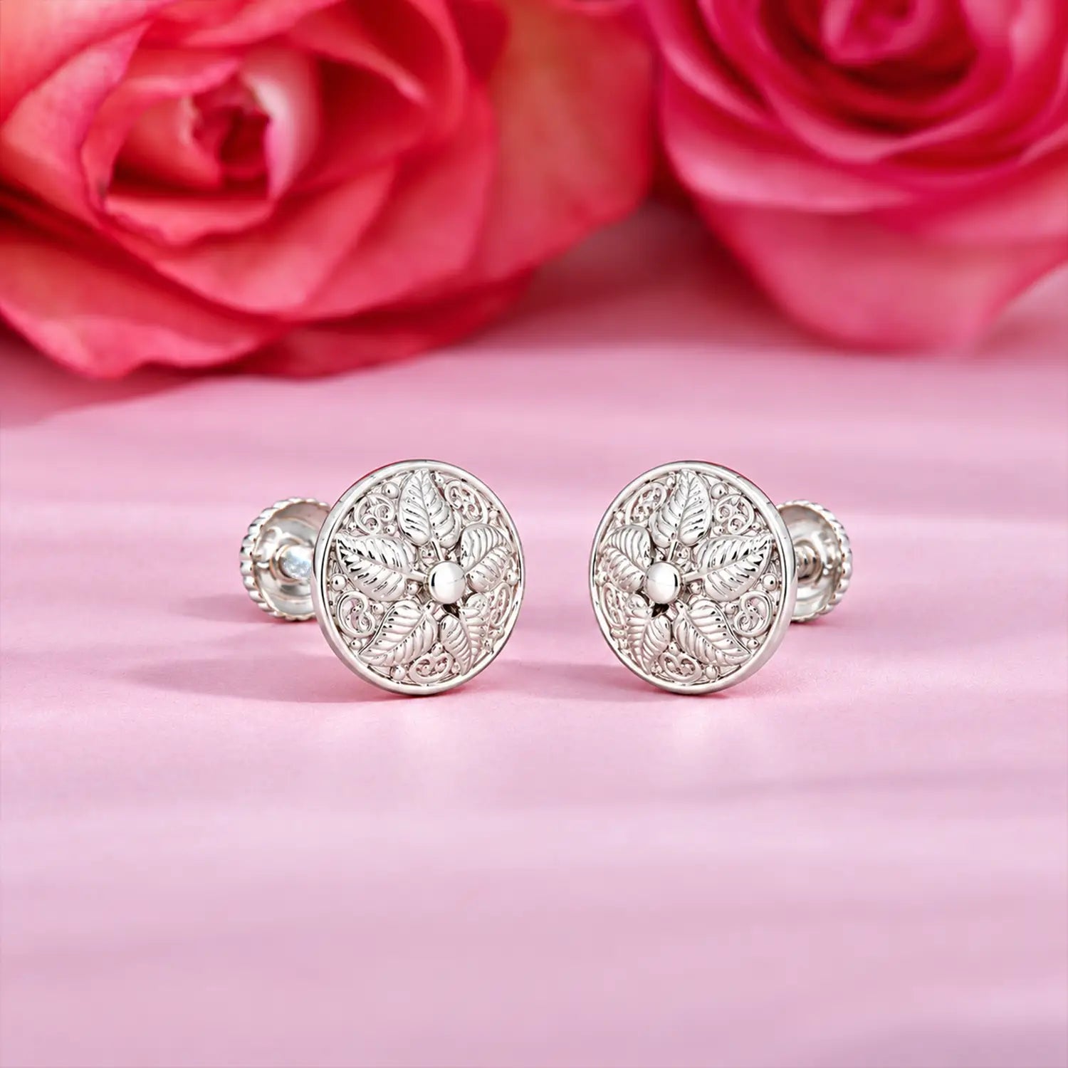 Intricate Floral Round Silver Stud Earrings - Made With Pure 925 Silver