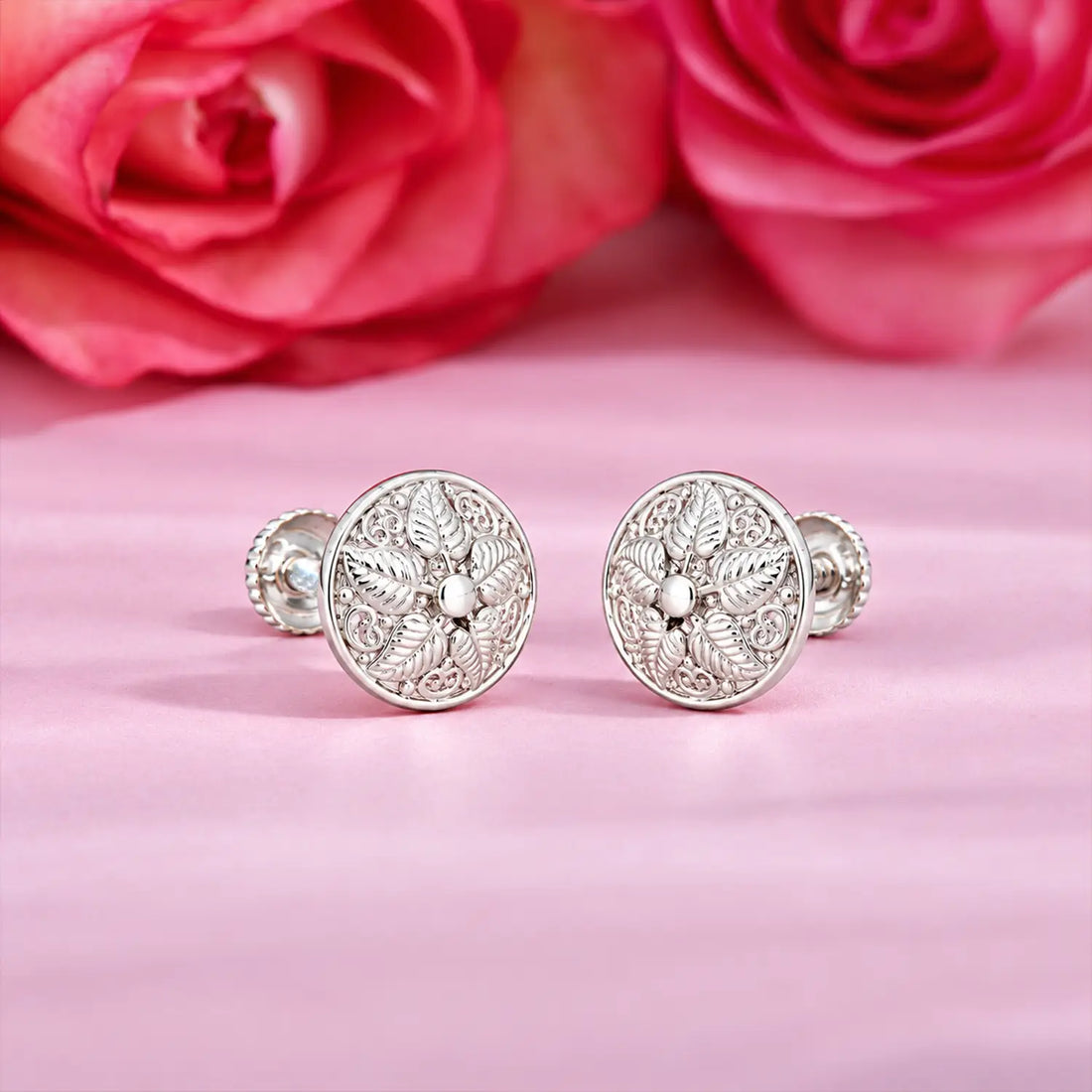 Intricate Floral Round Silver Stud Earrings - Made With Pure 925 Silver