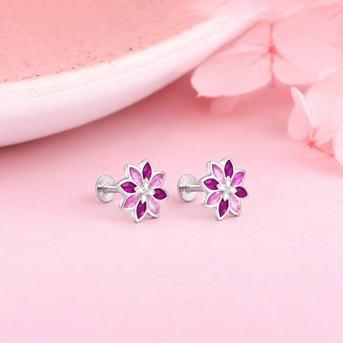 Pink Floral Gemstone Silver Stud Earrings - Made With Pure 925 Silver