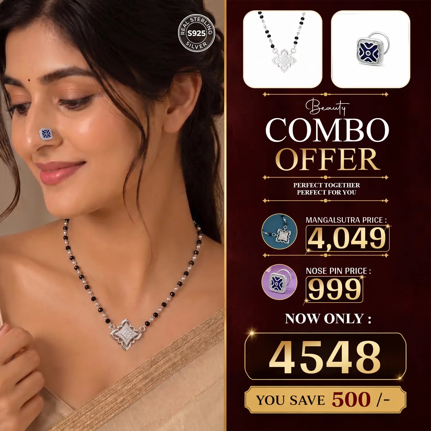 Beauty Combo – Pure 925 Silver Mangalsutra & Nose Pin
