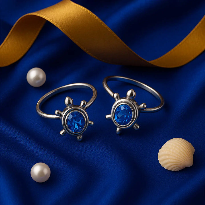 Pure Silver Turtle Toe Rings with Blue Stone- Made With Pure 925 Silver