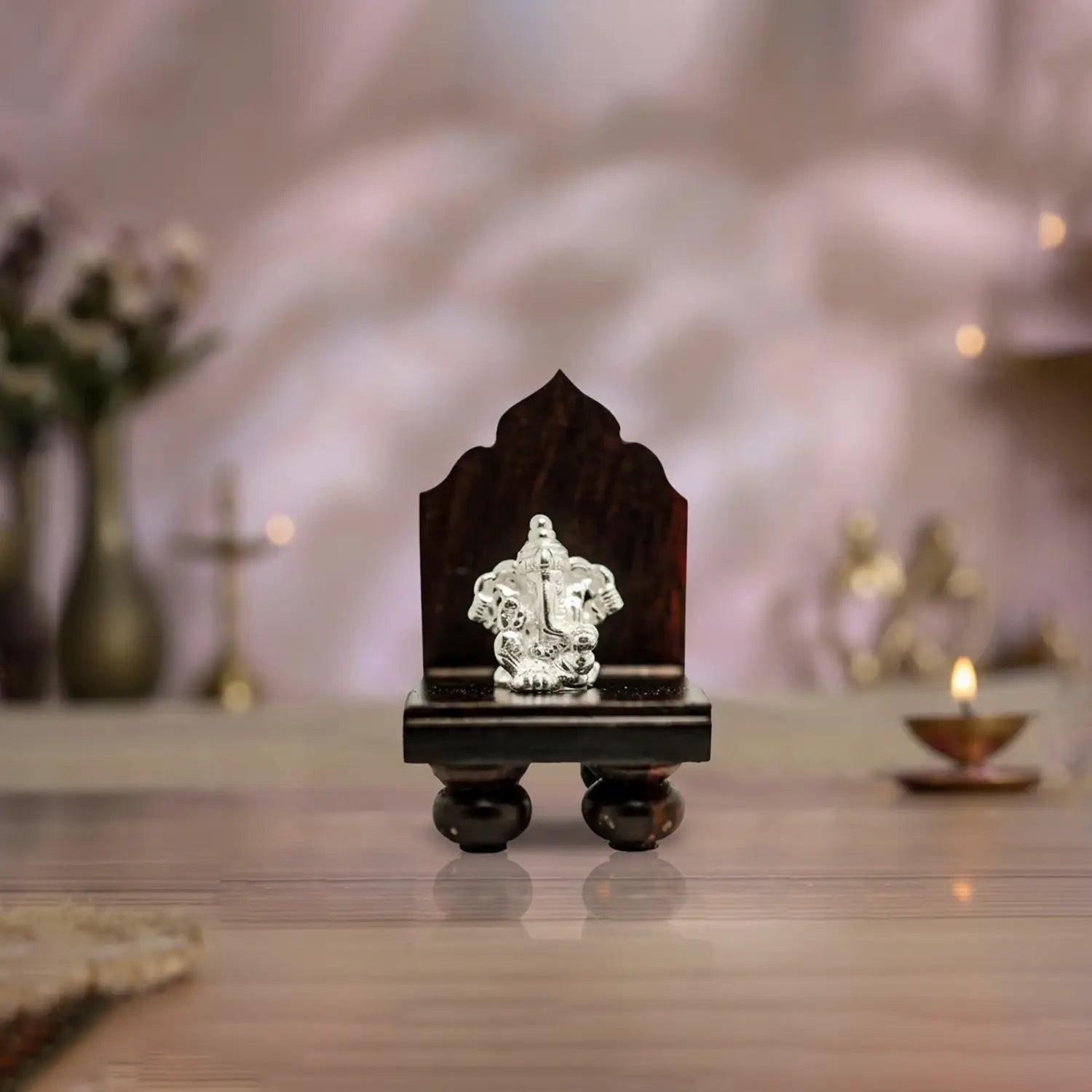 Pure Silver Lord Ganesha Idol with Wooden Singhasan- Made With Pure 925 Silver