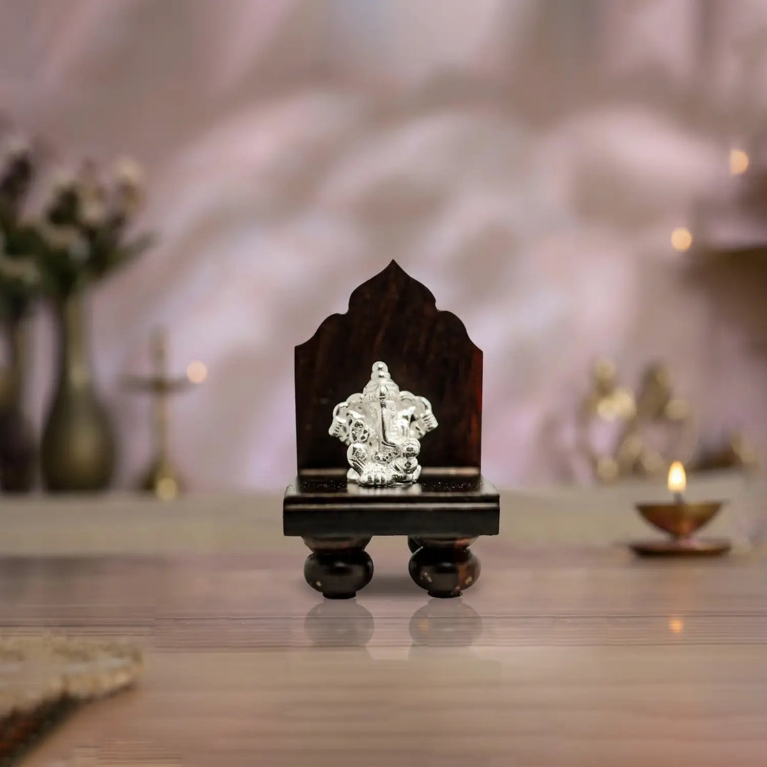 Pure Silver Lord Ganesha Idol with Wooden Singhasan- Made With Pure 925 Silver