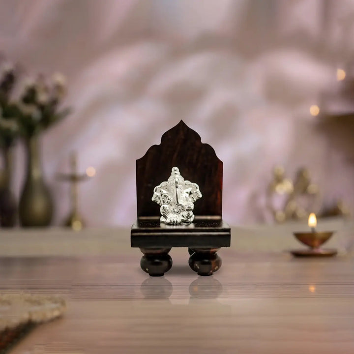 Pure Silver Lord Ganesha Idol with Wooden Singhasan- Made With Pure 925 Silver