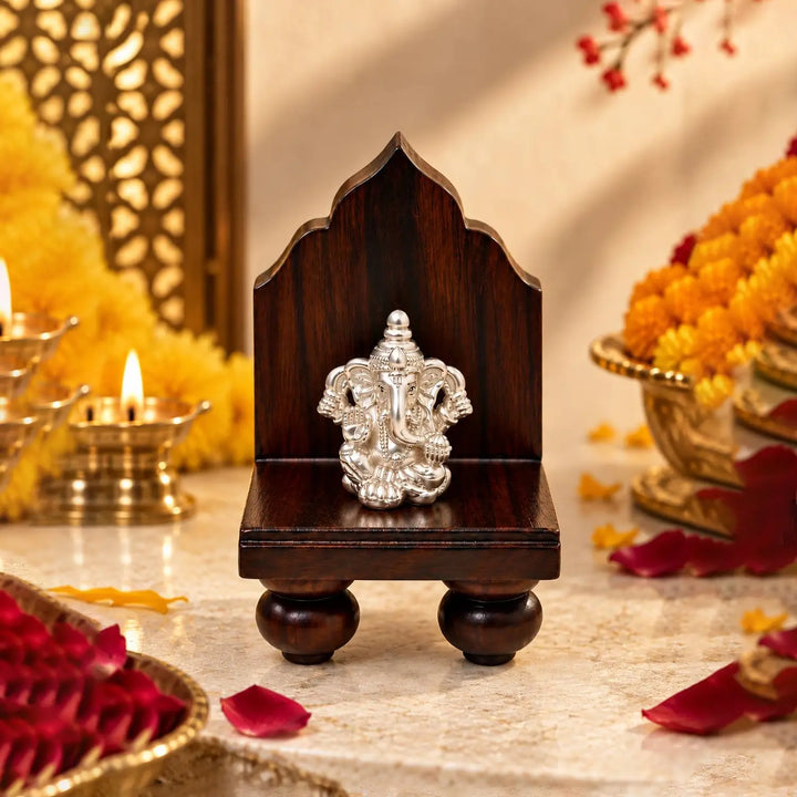 Pure Silver Lord Ganesha Idol with Wooden Singhasan- Made With Pure 925 Silver