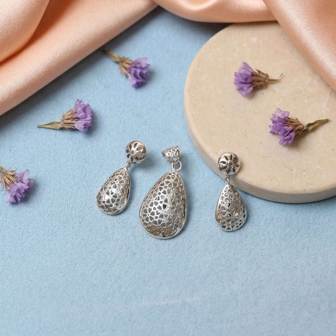 Elegant Filigree Teardrop Pure Silver Pendant Set - Made With Pure 925 Silver