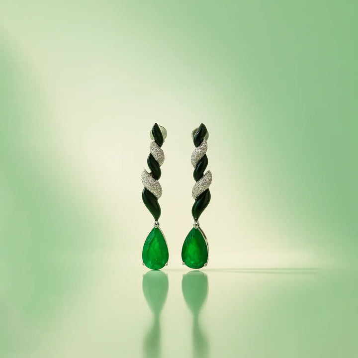 Emerald Green & Black Enamel Silver Drop Earrings- Made With Pure 925 Silver