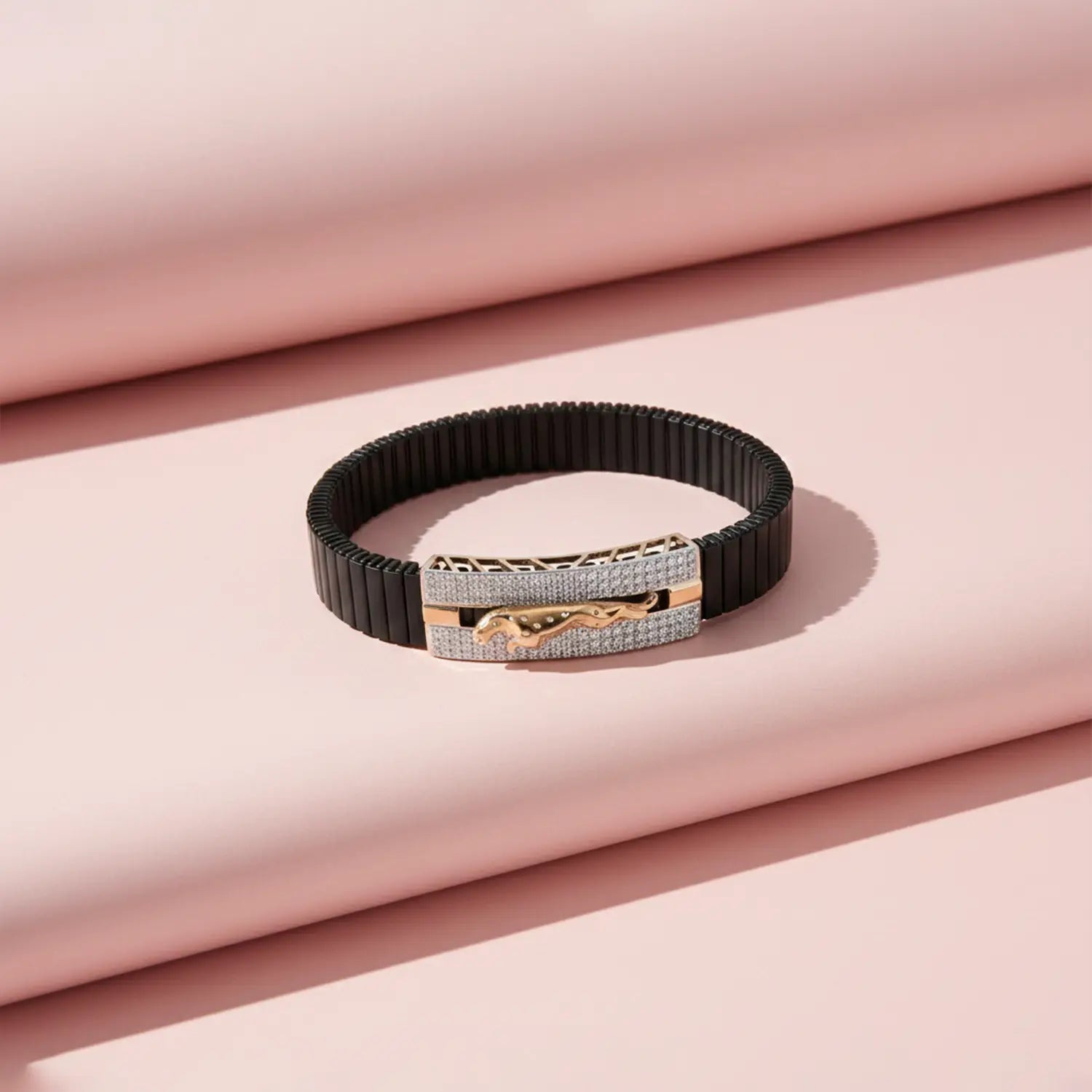 Jaguar Motif Silver Bracelet with Black Stretch Band- Made With Pure 925 Silver