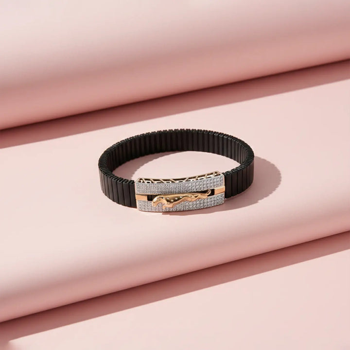 Jaguar Motif Silver Bracelet with Black Stretch Band- Made With Pure 925 Silver