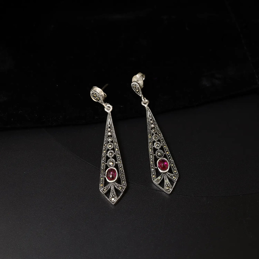 Ruby Glow Oxidized Silver Long Drop Earrings- Made With Pure 925 Silver