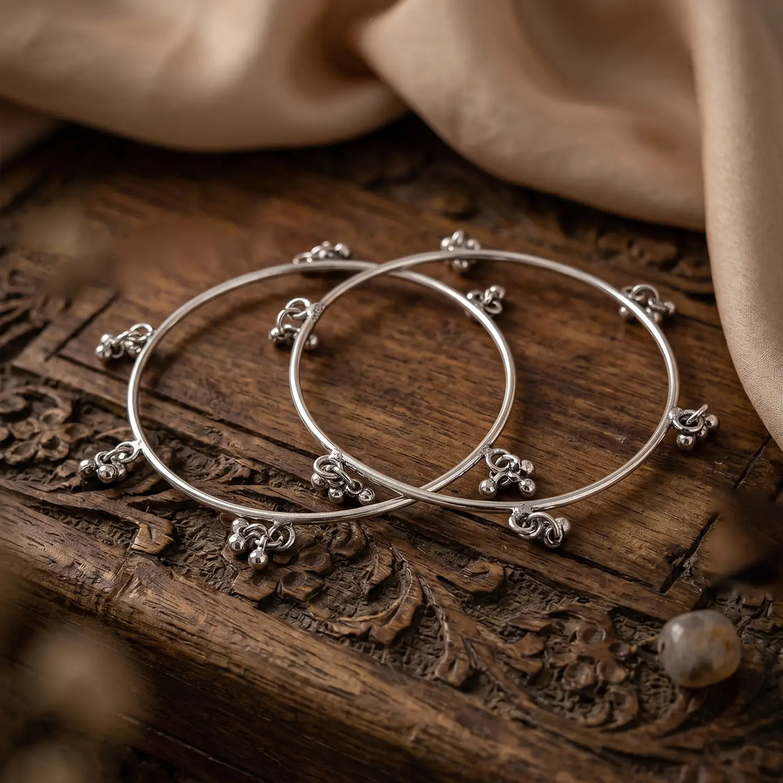 Traditional Pure Silver Cluster Charm Bangles- Made With Pure 925 Silver