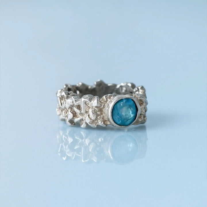 Organic Textured Silver Ring with Blue Stone- Made With Pure 925 Silver