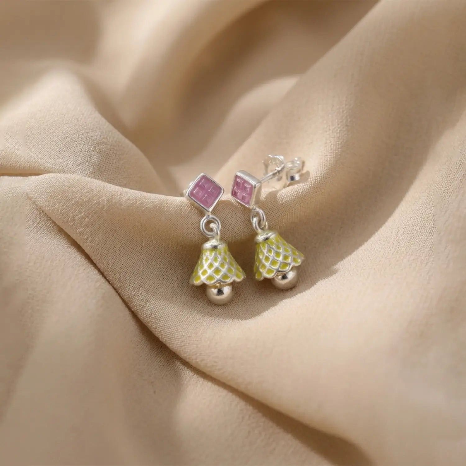 Pastel Pink & Lime Pure Silver Jhumki Earrings- Made With Pure 925 Silver