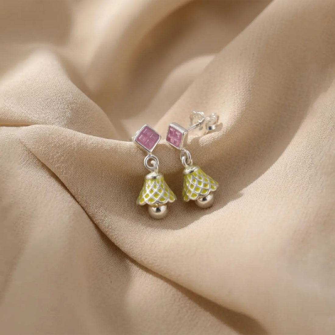 Pastel Pink & Lime Pure Silver Jhumki Earrings- Made With Pure 925 Silver