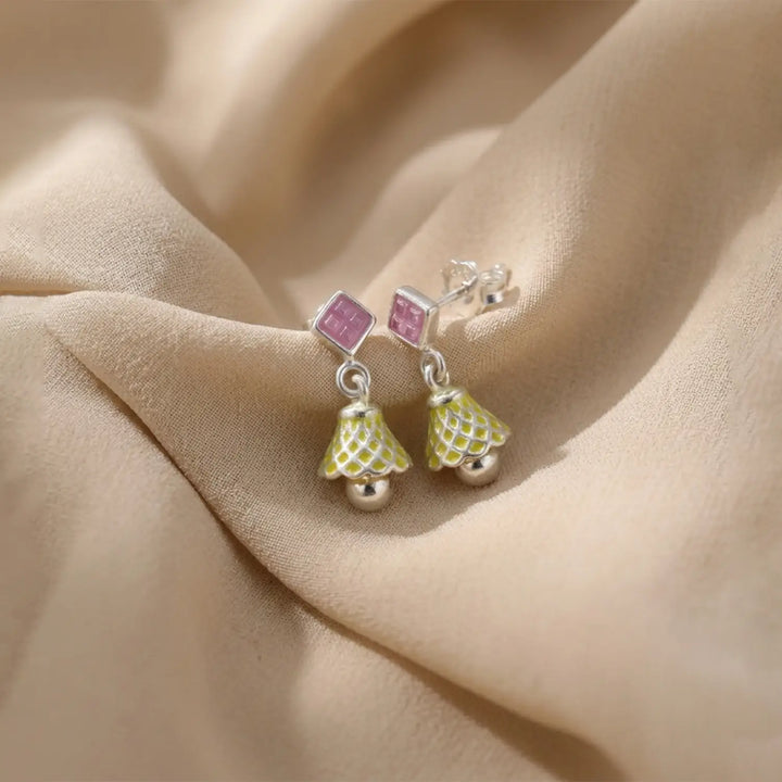 Pastel Pink & Lime Pure Silver Jhumki Earrings- Made With Pure 925 Silver