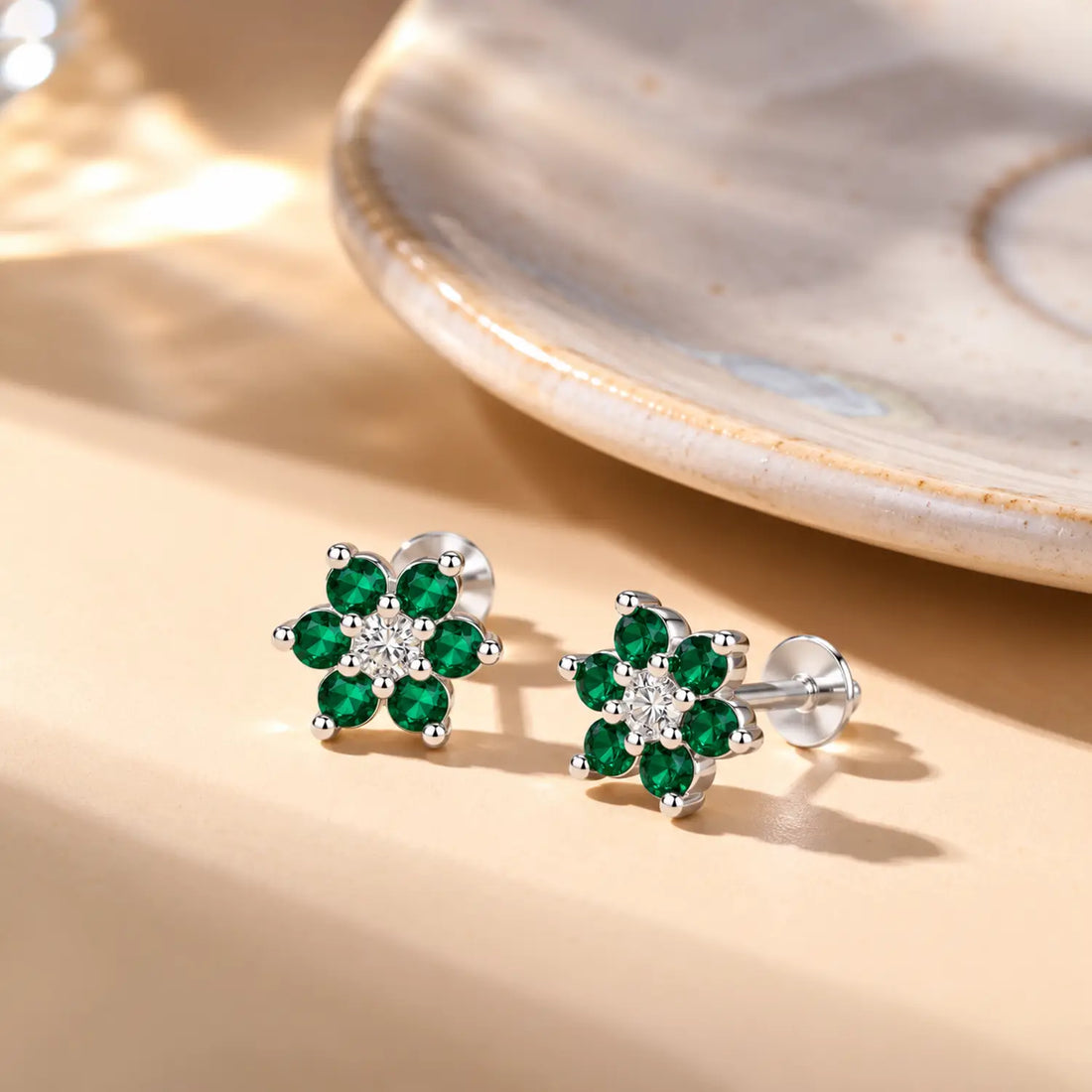 Black Floral Gemstone Silver Stud Earrings - Made With Pure 925 Silver
