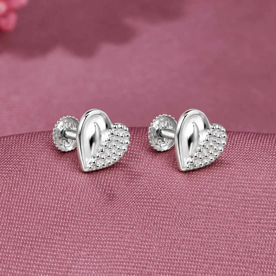 Elegant Heart Beaded Silver Stud Earrings - Made With Pure 925 Silver