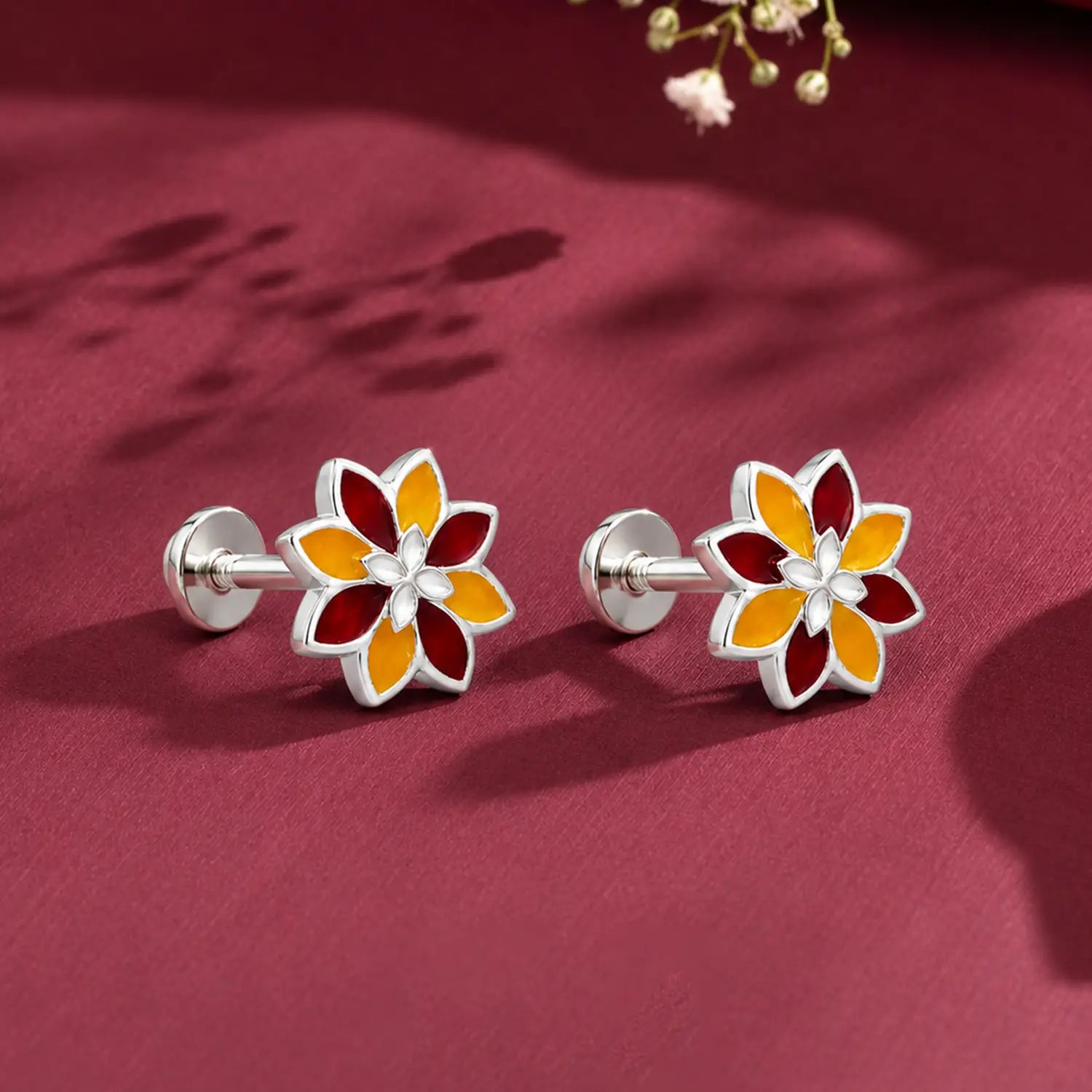 Pink Floral Gemstone Silver Stud Earrings - Made With Pure 925 Silver