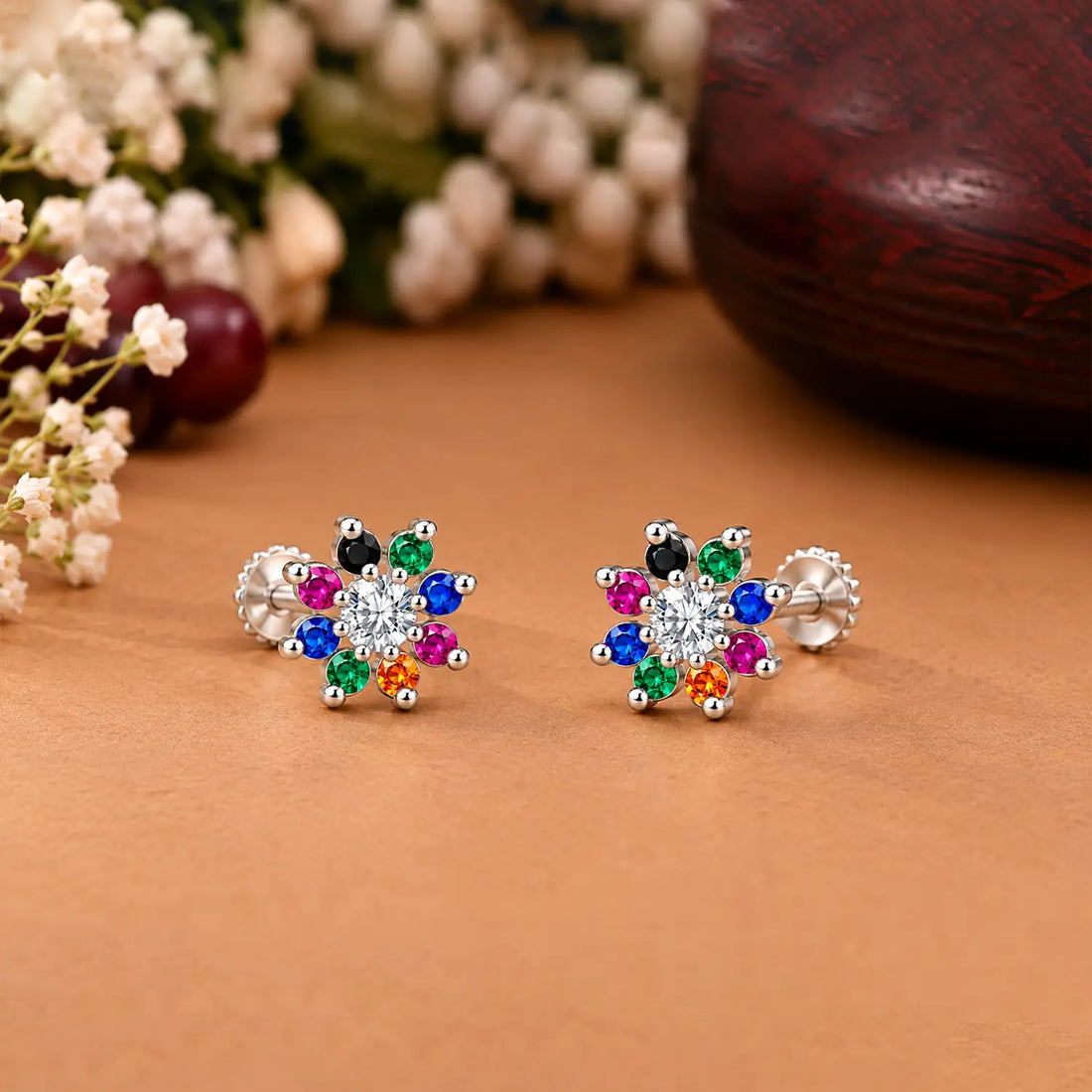 Multicolor Floral Gemstone Silver Stud Earrings - Made With Pure 925 Silver