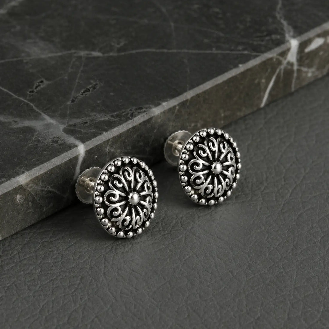 Vintage Mandala Oxidized Silver Stud Earrings - Made With Pure 925 Silver